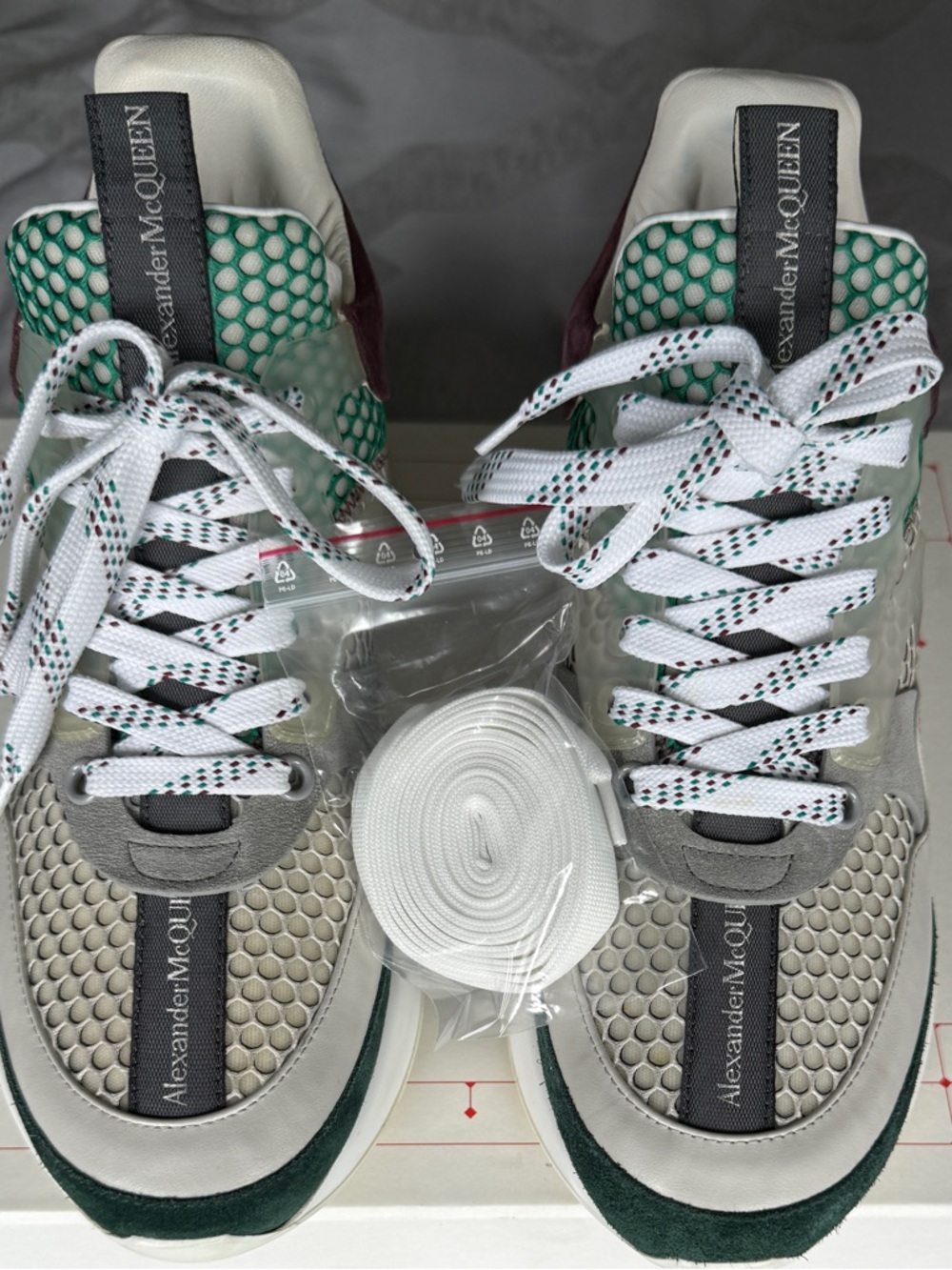 Alexander McQueen White, Green & Gray Honeycomb Mesh Sneakers